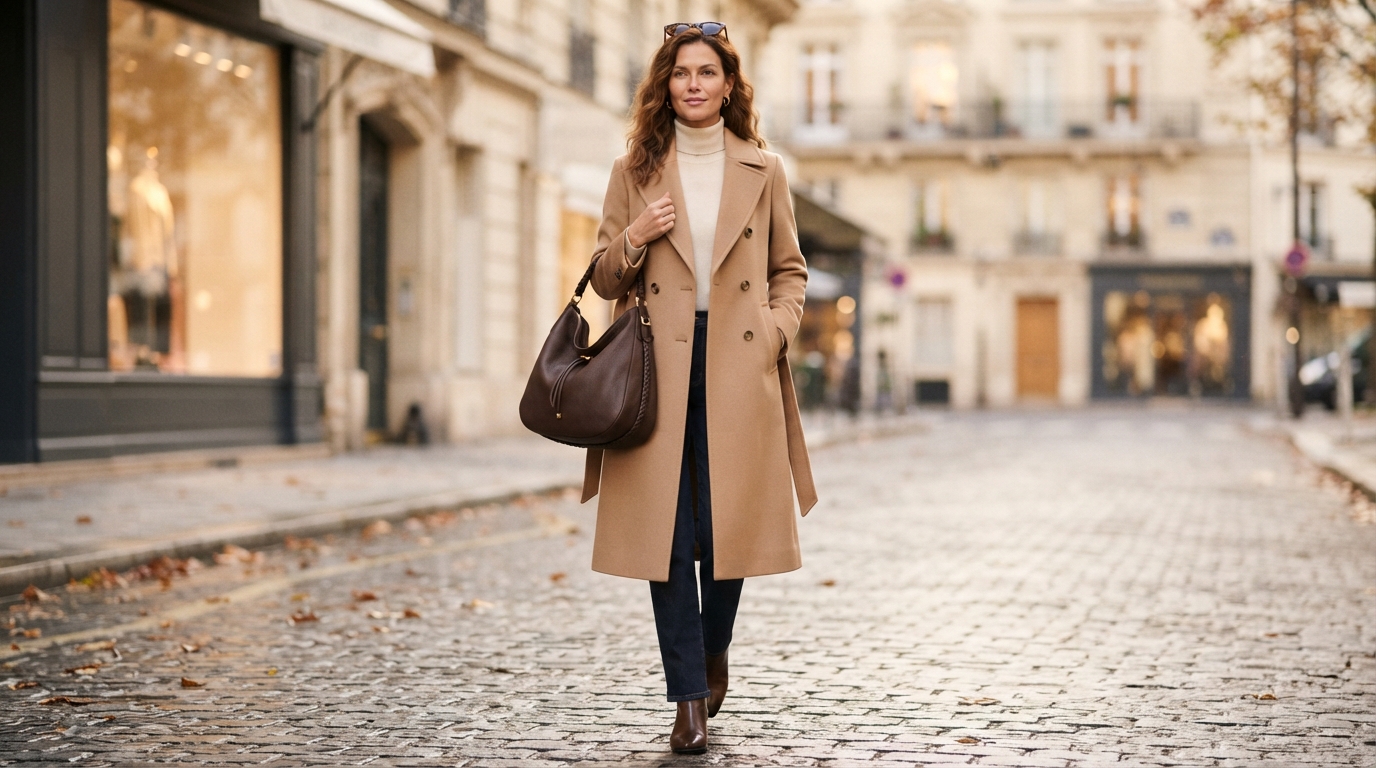 Espresso Brown Oversized Hobo Bag & Double-Breasted Camel Coat
